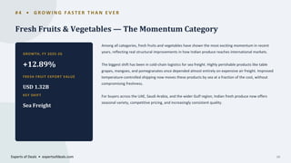 # 4 • G R O W I N G F A S T E R T H A N E V E R
Fresh Fruits & Vegetables — The Momentum Category
GROWTH, FY 2025-26
+12.89%
FRESH FRUIT EXPORT VALUE
USD 1.32B
KEY SHIFT
Sea Freight
Among all categories, fresh fruits and vegetables have shown the most exciting momentum in recent
years, reflecting real structural improvements in how Indian produce reaches international markets.
The biggest shift has been in cold-chain logistics for sea freight. Highly perishable products like table
grapes, mangoes, and pomegranates once depended almost entirely on expensive air freight. Improved
temperature-controlled shipping now moves these products by sea at a fraction of the cost, without
compromising freshness.
For buyers across the UAE, Saudi Arabia, and the wider Gulf region, Indian fresh produce now offers
seasonal variety, competitive pricing, and increasingly consistent quality.
Experts of Deals • expertsofdeals.com 09
 
