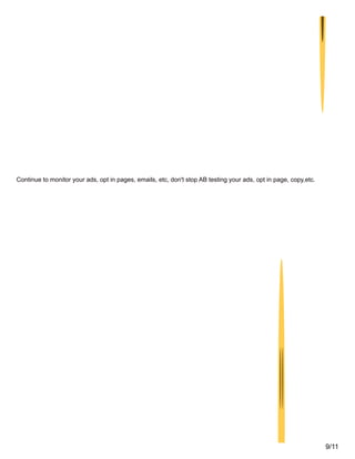 Continue to monitor your ads, opt in pages, emails, etc, don't stop AB testing your ads, opt in page, copy,etc.
9/11
 