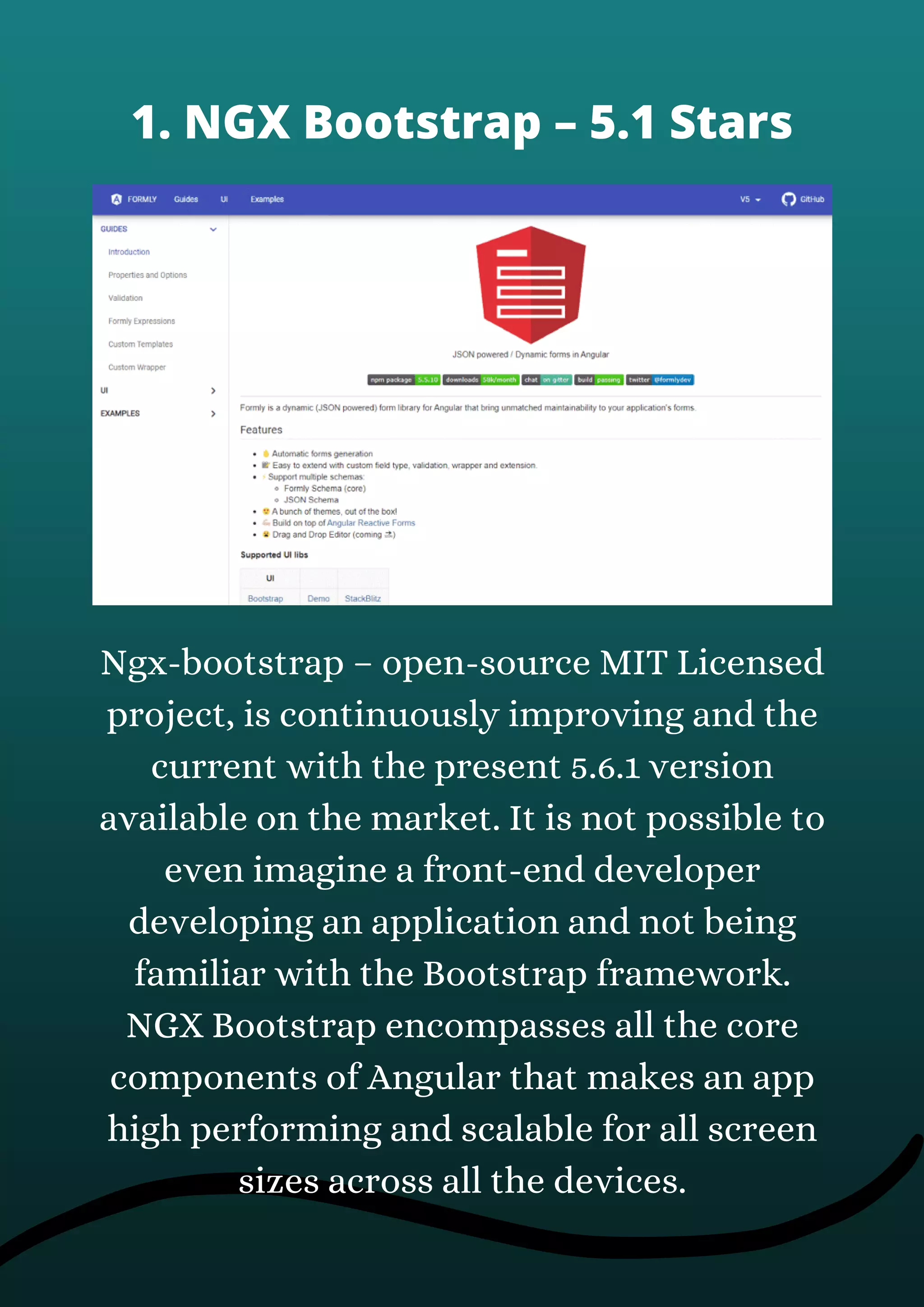 Ngx-bootstrap – open-source MIT Licensed
project, is continuously improving and the
current with the present 5.6.1 version
available on the market. It is not possible to
even imagine a front-end developer
developing an application and not being
familiar with the Bootstrap framework.
NGX Bootstrap encompasses all the core
components of Angular that makes an app
high performing and scalable for all screen
sizes across all the devices.
1. NGX Bootstrap – 5.1 Stars
 