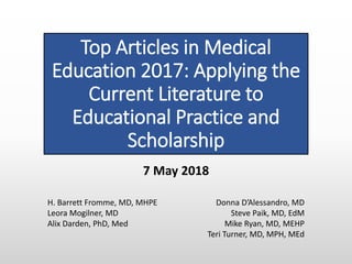 Top Articles in Medical
Education 2017: Applying the
Current Literature to
Educational Practice and
Scholarship
Donna D’Alessandro, MD
Steve Paik, MD, EdM
Mike Ryan, MD, MEHP
Teri Turner, MD, MPH, MEd
H. Barrett Fromme, MD, MHPE
Leora Mogilner, MD
Alix Darden, PhD, Med
7 May 2018
 