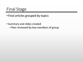 Final Stage
•Final articles grouped by topics
• Summary and slides created
• Peer reviewed by two members of group
 