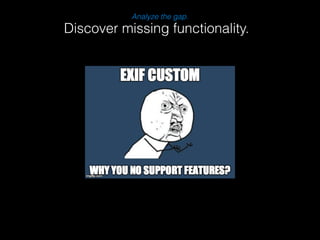 Analyze the gap. 
Discover missing functionality. 
 