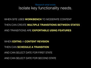 Research what exists. 
Isolate key functionality needs. 
WHEN SITE USES WORKBENCH TO MODERATE CONTENT 
THEN CAN CREATE MULTIPLE TRANSITIONS BETWEEN STATES 
AND TRANSITIONS ARE EXPORTABLE USING FEATURES 
! 
WHEN EDITNG A CONTENT REVISION 
THEN CAN SCHEDULE A TRANSITION 
AND CAN SELECT DATE FOR FIRST STATE 
AND CAN SELECT DATE FOR SECOND STATE 
 