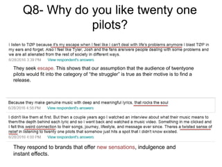 Q8- Why do you like twenty one
pilots?
They seek escape. This shows that our assumption that the audience of twentyone
pilots would fit into the category of “the struggler” is true as their motive is to find a
release.
They respond to brands that offer new sensations, indulgence and
instant effects.
 