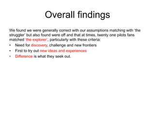Overall findings
We found we were generally correct with our assumptions matching with ‘the
struggler’ but also found were off and that at times, twenty one pilots fans
matched ‘the explorer’, particularly with these criteria:
• Need for discovery, challenge and new frontiers
• First to try out new ideas and experiences
• Difference is what they seek out.
 