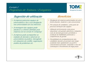 Exemplo 2
Programas de Trainees / Estagiários

    Sugestão de utilização                                Benefícios
  • A empresa patrocina equipes de           • Divulgação da empresa patrocinadora de uma
    universitários e faz a sua divulgação      forma atraente, moderna e não-convencional
    nas universidades de seu interesse.      • Pré-seleção de candidatos, como parte do
                                               processo formação das equipes
  • A montagem das equipes pode
    obedecer a critérios definidos pela      • Utilização da ferramenta como prova
    empresa (só na versão In Company)          situacional, com grande aderência a situações
                                               reais de decisão gerencial, permitindo a
  • A empresa pode acompanhar as               avaliação de habilidades potenciais e
    rodadas de decisão e observar os           competências de gestão
    universitários na prática, interagindo   • Possibilidade de acompanhamento dos
    em situações de conflito, negociação,      candidatos durante um período mais longo,
    análise de problemas etc.                  avaliando mais rapidamente seu perfil e
                                               características pessoais, reduzindo o risco da
                                               contratação e investimento de longo prazo.
 