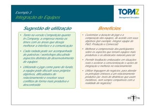 Exemplo 3
Integração de Equipes

    Sugestão de utilização                               Benefícios
  • Tanto na versão Competição quanto       • Customizar a duração do jogo e a
    In Company, a empresa monta os            composição das equipes, de acordo com seus
    times com as áreas que deseja             objetivos (por exemplo, integrar equipe de
                                              P&D, Produção e Comercial)
    melhorar a interface e a comunicação
                                            • Melhorar a compreensão dos participantes
  • Cada rodada pode ser acompanhada          sobre os aspectos que tornam equipes mais
    de palestras / workshops discutindo       produtivas e os obstáculos naturais para tal
    aspectos distintos do desenvolvimento   • Permitir feedbacks embasados em situações
    de equipes                                reais e acelerar a conscientização e ações de
  • Utilizando o jogo como pano de fundo,     integração e melhoria no relacionamento
    a equipe pode discutir seus próprios    • Utilizar linguagem de negócios, para abordar
    objetivos, dificuldades de                os principais entraves a um relacionamento
    relacionamento e resolver seus            produtivo (ao invés de dinâmicas que usam
                                              metáforas, nem sempre compatíveis com a
    conflitos de forma mais produtiva e
                                              realidade de negócios)
    descontraída
 