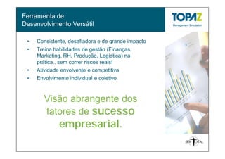 Ferramenta de
Desenvolvimento Versátil

 •   Consistente, desafiadora e de grande impacto
 •   Treina habilidades de gestão (Finanças,
     Marketing, RH, Produção, Logística) na
     prática.. sem correr riscos reais!
 •   Atividade envolvente e competitiva
 •   Envolvimento individual e coletivo



        Visão abrangente dos
        fatores de sucesso
              empresarial.
 