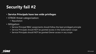 @fincooper
Security fail #2
• Service Principals have too wide privileges
• STRIDE threat categorization:
• Repudiation
• Mitigation:
• Service Principal RBAC assignments should follow the least privileged principle
• Service Principals should NOT be granted access in the Subscription scope
• Service Principals should NOT be granted Owner access in any scope
 