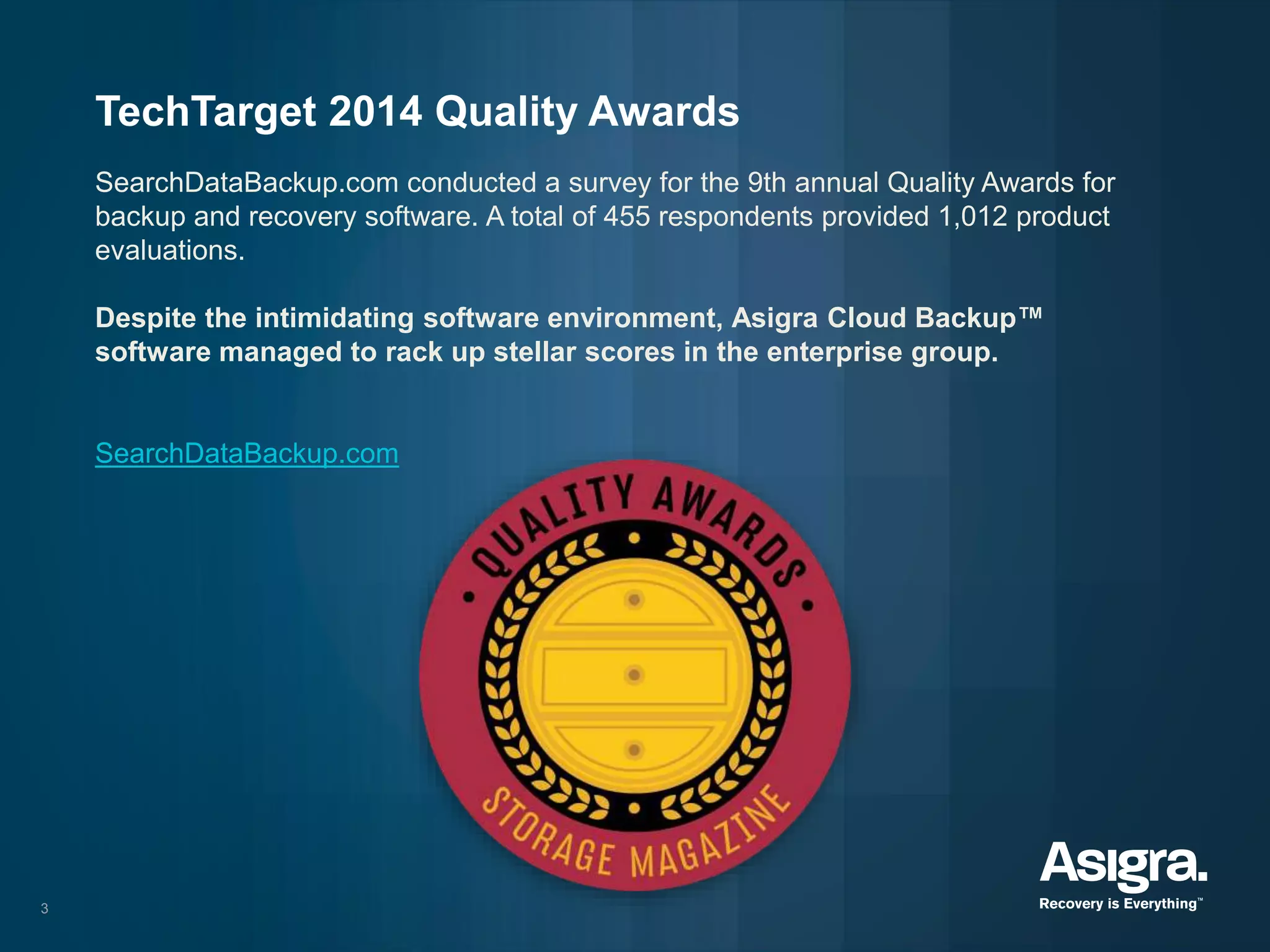 3
TechTarget 2014 Quality Awards
SearchDataBackup.com conducted a survey for the 9th annual Quality Awards for
backup and recovery software. A total of 455 respondents provided 1,012 product
evaluations.
Despite the intimidating software environment, Asigra Cloud Backup™
software managed to rack up stellar scores in the enterprise group.
SearchDataBackup.com
 