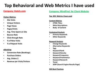 Top Behavioral and Web Metrics I have used
Company: Hotels.com             Company: MindFind for Client Website
                                Top SEO Metrics I have used
Visitor Metrics
• Site Visits                   Content Metrics
• Unique Visitors               •   HTML Titles
• Page Views                    •   Meta Descriptions
                                •   Body of Content
• Pages/Visits
• Avg. Time Spent on Site       Contextual Analysis
• Bounce Rate                   •   Primary Keywords
                                •   Other Keywords
• Click-through Rate
• % of New Visits               Keyword Analysis
• % of Repeat Visits            •   Change Keywords
                                •   Alternative Keywords
                                •   Tags
eBooking                        •   Keyword Rank
• Conversion Rate (Bookings)    •   Keyword Density
• Purchase Orders               •   Keyword Frequency
                                •   Keyword Prominence
• Avg. Orders $
                                •   Keyword Research
• Revenue per Visits/Visitors   •   Trend
                                •   SERP (Search Engine Results Page)

                                SEO Best Practices
 