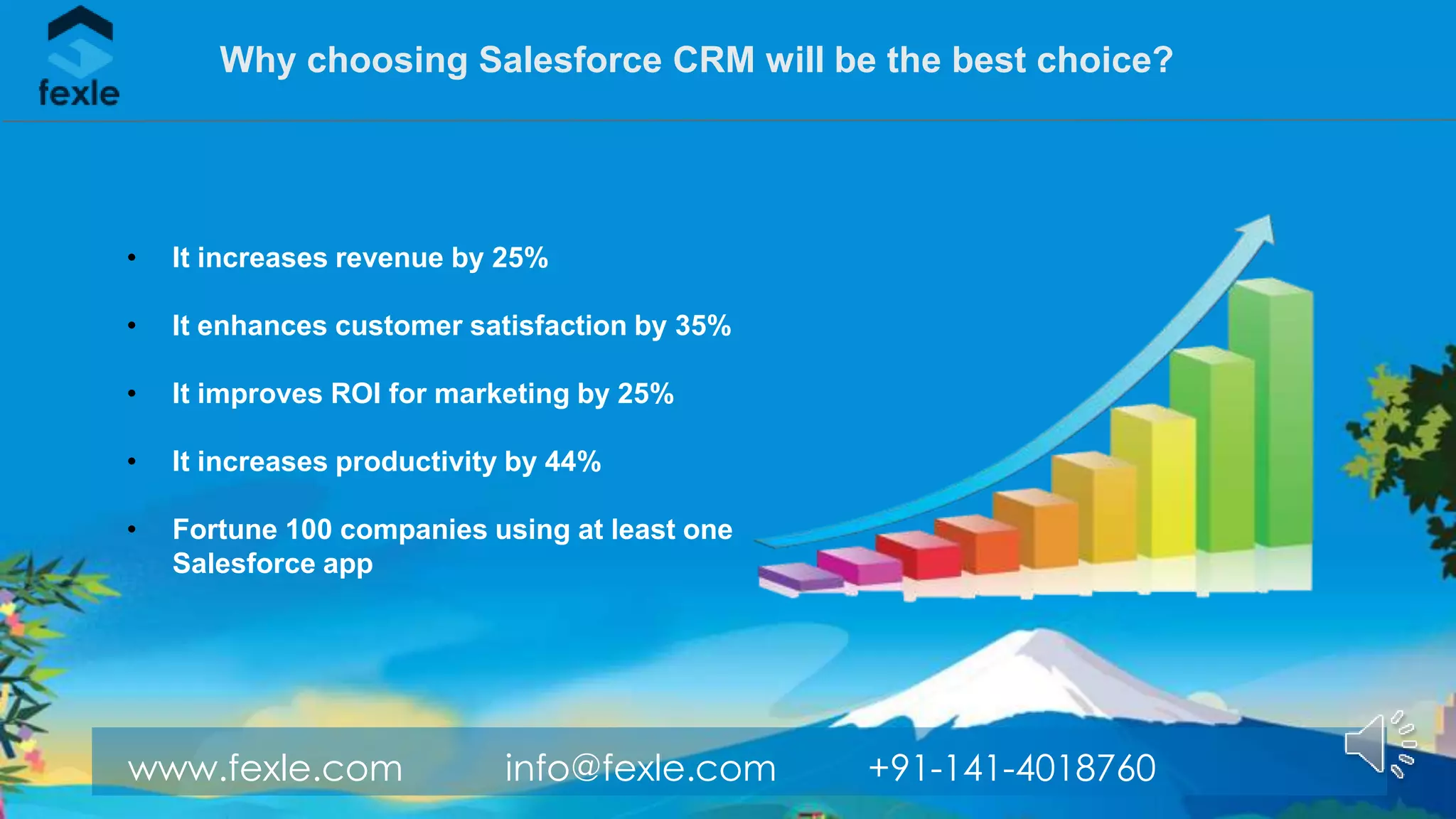 www.fexle.com info@fexle.com +91-141-4018760
Why choosing Salesforce CRM will be the best choice?
• It increases revenue by 25%
• It enhances customer satisfaction by 35%
• It improves ROI for marketing by 25%
• It increases productivity by 44%
• Fortune 100 companies using at least one
Salesforce app
 