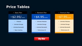 Price Tables
• $2.95/month
• Basic Plan
• 1 Website
• Unlimited Storage
• Unlimited Bandwidth
• Basic Catching
• $4.95/month
• Standard Plan
• Unlimited Websites
• Unlimited Storage
• Unlimited Bandwidth
• Performance X2
• $7.95/month
• Premium Plan
• Unlimited Websites
• Unlimited Storage
• Unlimited Bandwidth
• Performance X3
 