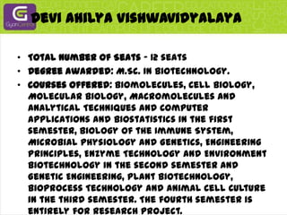 Devi AhilyaVishwavidyalayaTotal Number of Seats - 12 seatsDegree awarded: M.Sc. in Biotechnology.Courses offered: Biomolecules, Cell Biology, Molecular Biology, Macromolecules and Analytical Techniques and Computer Applications and Biostatistics in the first semester, Biology of the Immune System, Microbial Physiology and Genetics, Engineering Principles, Enzyme Technology and Environment Biotechnology in the second semester and Genetic Engineering, Plant Biotechnology, Bioprocess Technology and Animal Cell Culture in the third semester. The fourth semester is entirely for research project.