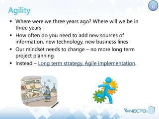 Agility 
 Where were we three years ago? Where will we be in 
three years 
 How often do you need to add new sources of 
information, new technology, new business lines 
 Our mindset needs to change – no more long term 
project planning 
 Instead – Long term strategy. Agile implementation. 
6 
 