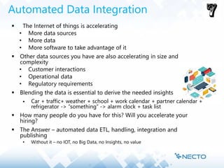 Automated Data Integration
 The Internet of things is accelerating
• More data sources
• More data
• More software to take advantage of it
 Other data sources you have are also accelerating in size and
complexity
• Customer interactions
• Operational data
• Regulatory requirements
 Blending the data is essential to derive the needed insights
 Car + traffic+ weather + school + work calendar + partner calendar +
refrigerator -> “something” -> alarm clock + task list
 How many people do you have for this? Will you accelerate your
hiring?
 The Answer – automated data ETL, handling, integration and
publishing
• Without it – no IOT, no Big Data, no Insights, no value
 