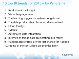 10 top BI trends for 2016 – by Panorama
1. Its all about the insight
2. Visual language rules
3. The learning suggestive system - AI gets real
4. The data product chain becomes democratized
5. Cloud (finally)
6. “Mobile”
7. Automated data integration
8. Interned of things data accelerating into reality
9. Hadoop accelerators are the last chance for Hadoop
10. Fading of the centralized on–premise DWH
 