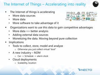 The Internet of Things – Accelerating into reality
 The Internet of things is accelerating
• More data sources
• More data
• More software to take advantage of it
 Organizations want to use this data to gain competitive advantages
• More data == better analysis
• Adding external data sources
• Monetizing the data. Moving beyond pure collection
 Implications
• Tools to collect, store, model and analyze
o Otherwise you just collect virtual “dust”
• A new industry – M2M
o Car -> Schedule -> alarm clock
• Cloud deployments
o Scalability, location
 