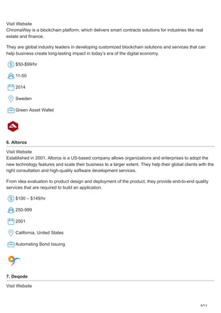 4/13
Visit Website
ChromaWay is a blockchain platform, which delivers smart contracts solutions for industries like real
estate and finance.
They are global industry leaders in developing customized blockchain solutions and services that can
help business create long-lasting impact in today’s era of the digital economy.
$50-$99/hr
11-50
2014
Sweden
Green Asset Wallet
6. Altoros
Visit Website
Established in 2001, Altoros is a US-based company allows organizations and enterprises to adopt the
new technology features and scale their business to a larger extent. They help their global clients with the
right consultation and high-quality software development services.
From idea evaluation to product design and deployment of the product, they provide end-to-end quality
services that are required to build an application.
$100 – $149/hr
250-999
2001
California, United States
Automating Bond Issuing
7. Deqode
Visit Website
 