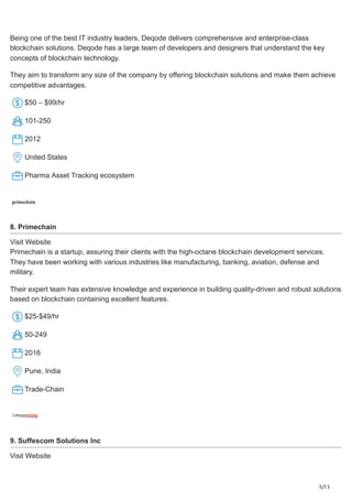 5/13
Being one of the best IT industry leaders, Deqode delivers comprehensive and enterprise-class
blockchain solutions. Deqode has a large team of developers and designers that understand the key
concepts of blockchain technology.
They aim to transform any size of the company by offering blockchain solutions and make them achieve
competitive advantages.
$50 – $99/hr
101-250
2012
United States
Pharma Asset Tracking ecosystem
8. Primechain
Visit Website
Primechain is a startup, assuring their clients with the high-octane blockchain development services.
They have been working with various industries like manufacturing, banking, aviation, defense and
military.
Their expert team has extensive knowledge and experience in building quality-driven and robust solutions
based on blockchain containing excellent features.
$25-$49/hr
50-249
2016
Pune, India
Trade-Chain
9. Suffescom Solutions Inc
Visit Website
 