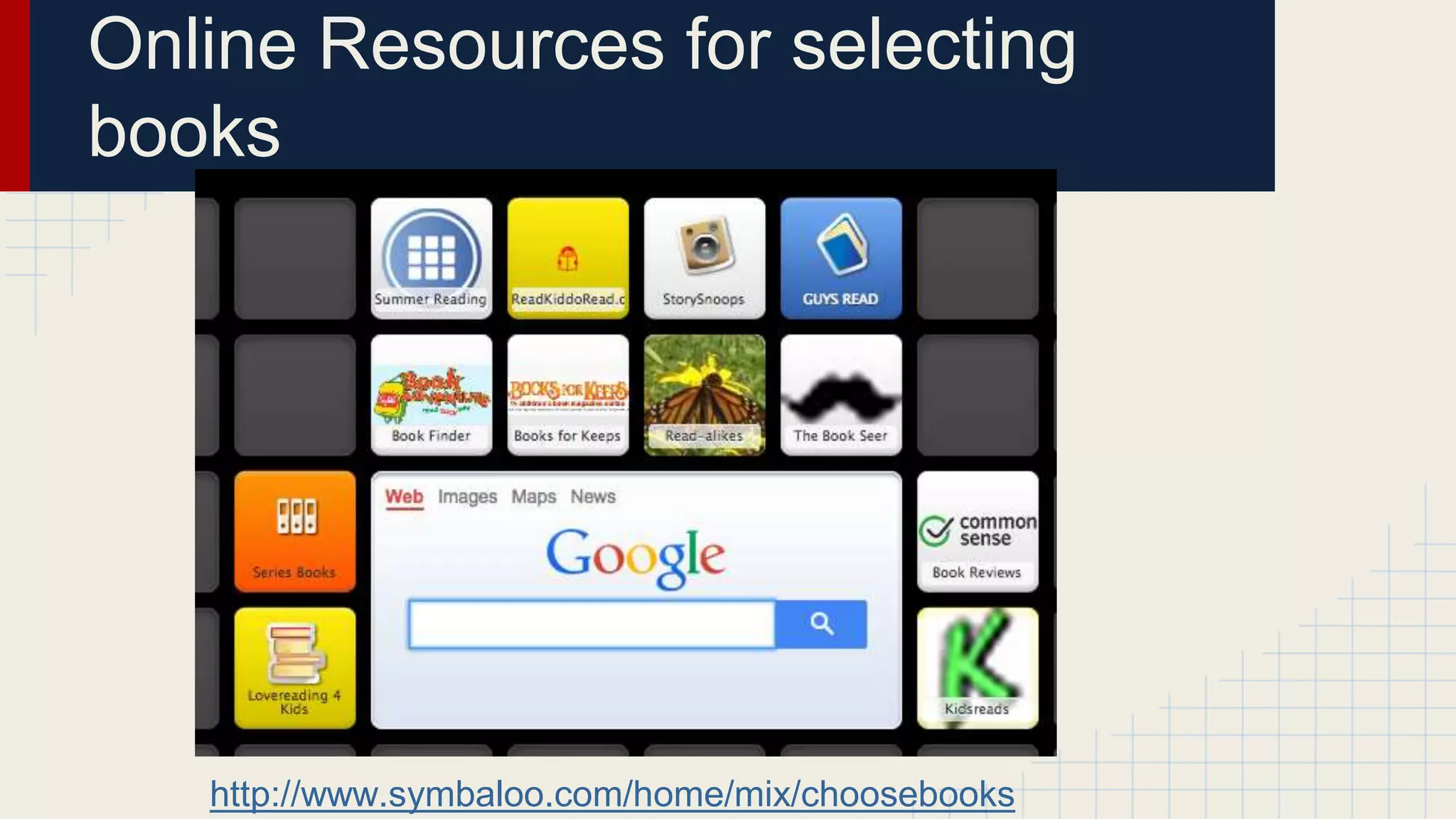 Online Resources for selecting
books
http://www.symbaloo.com/home/mix/choosebooks
 