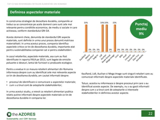 In construirea strategiei de dezvoltare durabila, companiile ar
trebui sa se concentreze pe acele domenii care sunt cele mai
relevante pentru conditiile economice, de mediu si sociale in care
activeaza, conform standardului GRI G4.
Aceste domenii cheie, denumite de standardul GRI aspecte
materiale, sunt definite in urma unui proces denumit matricea
materialitatii. In urma acestui proces, compania identifica
aspectele critice ce tin de dezvoltarea durabila, importante atat
pentru sustenabilitatea companiei cat si pentru stakeholderi.
In cazul retailerilor, aspectele materiale, asa cum au fost
identificate in raportul RILA pe 2013, sunt legate de emisiile
poluante si deseuri, lantul de furnizori si produsele ecologice.
Pentru a evalua in ce masura retailerii alimentari din Romania
informeaza despre cum au identificat cele mai relevante aspecte
ce tin de dezoltarea durabila, am cautat informatii despre:
• procesul de identificare si comunicare a aspectelor materiale;
• cum s-a tinut cont de asteptarile stakeholderilor;
In urma acestui studiu, a reiesit ca retailerii alimentari publica
relativ putine informatii despre aspectele materiale ce tin de
dezvoltarea durabila in compania lor.
Kaufland, Lidl, Auchan si Mega Image sunt singurii retaileri care au
comunicat informatii despre aspectele materiale identificate.
Totusi, acestia nu informeaza si despre procesul prin care s-au
identificat aceste aspecte. De exemplu, nu s-au gasit informatii
despre cum s-a tinut cont de asteptarile si interesele
stakeholderilor in definirea acestor aspecte.
22
Definirea aspectelor materiale
TOP CEI MAI RESPONSABILI RETAILERI ALIMENTARI DIN ROMANIA
33%
0% 0% 0%
33%33%
0%
33%
0% 0% 0% 0% 0% 0% 0%
Punctaj
mediu
9%
 