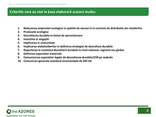 1. Reducerea amprentei ecologice in spatiile de vanzari si in centrele de distributie ale retailerilor
2. Produsele ecologice
3. Dezvoltarea durabila in lantul de aprovizionare
4. Investitia in angajati
5. Implicarea in comunitate
6. Implicarea stakeholderilor in definirea strategiei de dezvoltare durabila
7. Raportarea la contextul dezvoltarii durabile la nivel national, regional sau global
8. Definirea aspectelor materiale
9. Comunicarea aspectelor legate de dezvoltarea durabila/CSR pe website
10. Comunicari generale standard recomandate de GRI G4
8
TOP CEI MAI RESPONSABILI RETAILERI ALIMENTARI DIN ROMANIA
Criteriile care au stat la baza elaborarii acestui studiu:
 