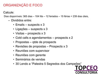ORGANIZAÇÃO E FOCO
Calcule:
Dias disponíveis: 365 dias – 104 fds – 12 feriados – 15 férias = 239 dias úteis,

– Divididos entre:
• Emails – suspects x 3
• Ligações – suspects x 3
• Visitas – prospects x 3
• Cold calls e agendamentos – prospects x 2
• Propostas – qtde de prospects
• Revisões de propostas – Prospects x 3
• Reuniões com supervisor
• Reuniões com gerente
• Seminários de vendas
• 30 Lendo a “Palestra 5 Segredos dos Campeões”

 