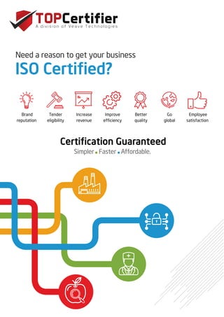 ISO Certiﬁed?
Need a reason to get your business
Certiﬁcation Guaranteed
Simpler Faster Affordable.
Brand
reputation
Tender
eligibility
Increase
revenue
Improve
efﬁciency
Better
quality
Go
global
Employee
satisfaction
 