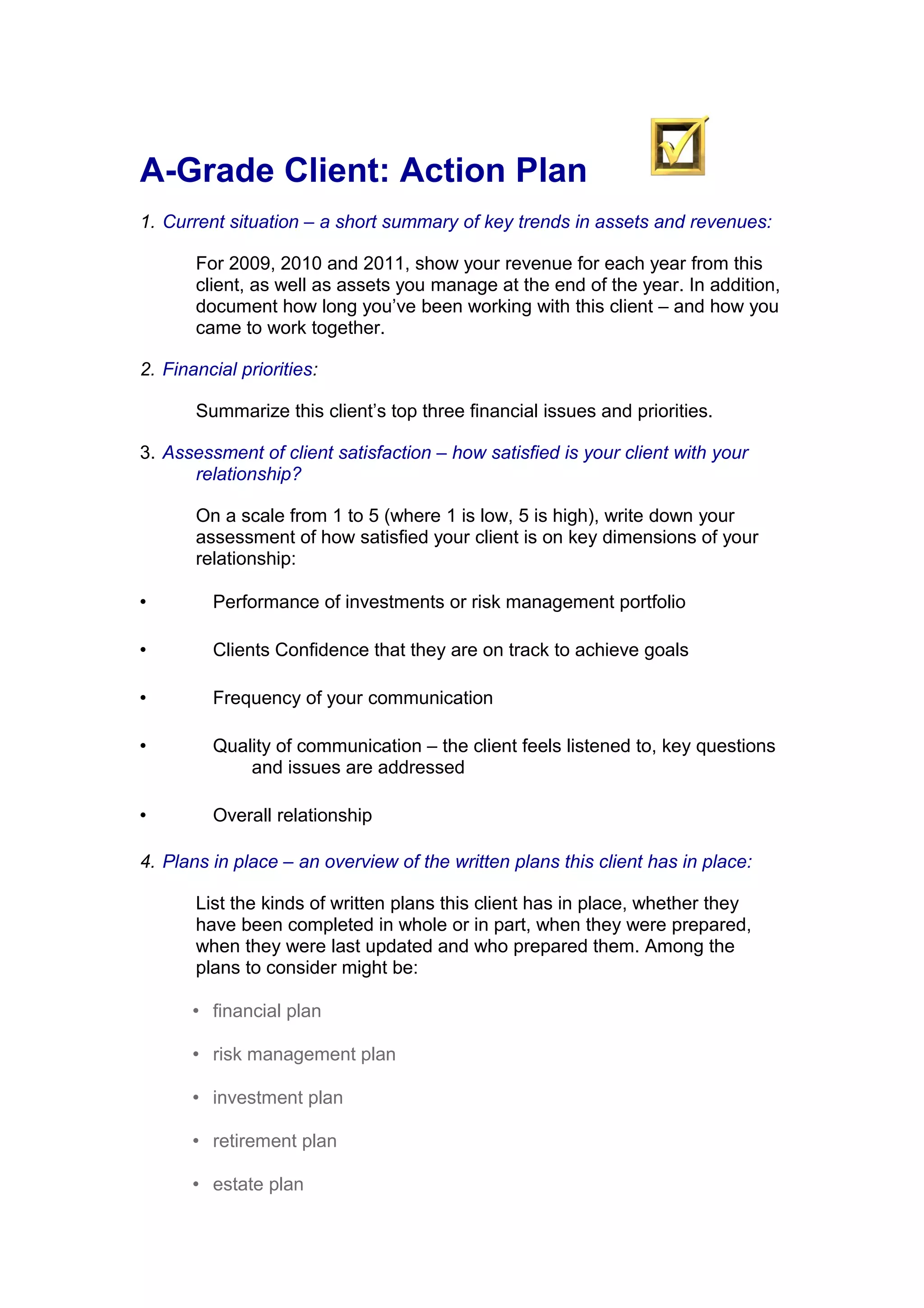 Client Action Plan Form Examples A-Grade client action plan | DOC