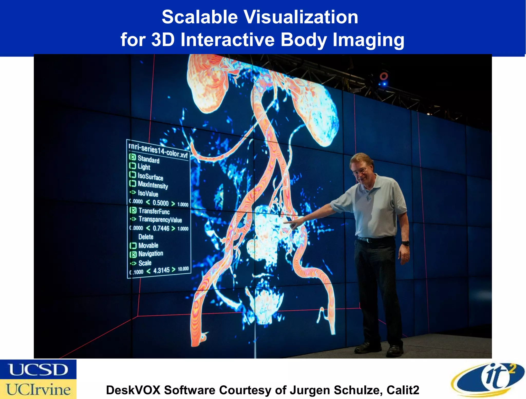 Scalable Visualization
  for 3D Interactive Body Imaging




DeskVOX Software Courtesy of Jurgen Schulze, Calit2
 