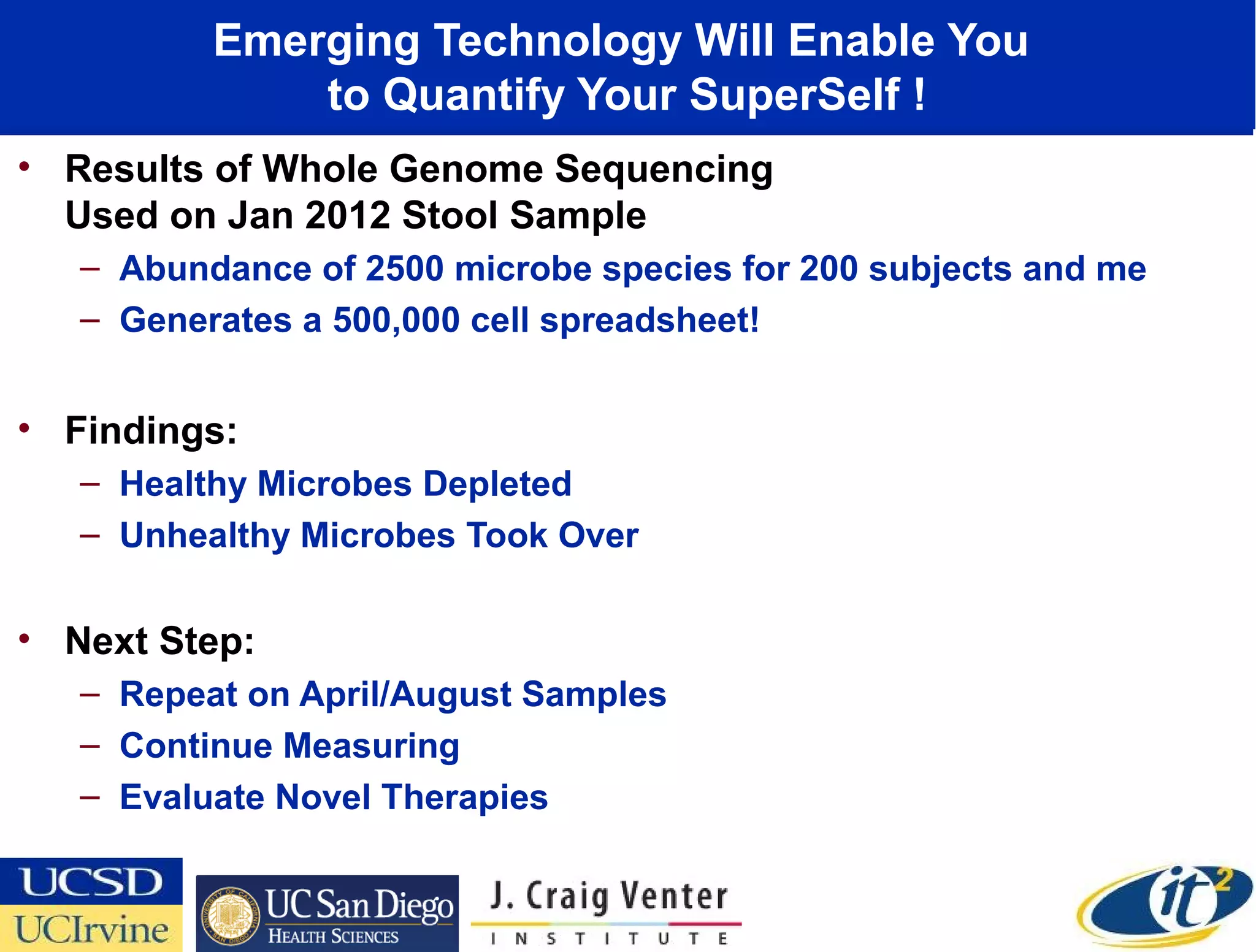 Emerging Technology Will Enable You
              to Quantify Your SuperSelf !
• Results of Whole Genome Sequencing
  Used on Jan 2012 Stool Sample
   – Abundance of 2500 microbe species for 200 subjects and me
   – Generates a 500,000 cell spreadsheet!


• Findings:
   – Healthy Microbes Depleted
   – Unhealthy Microbes Took Over


• Next Step:
   – Repeat on April/August Samples
   – Continue Measuring
   – Evaluate Novel Therapies
 