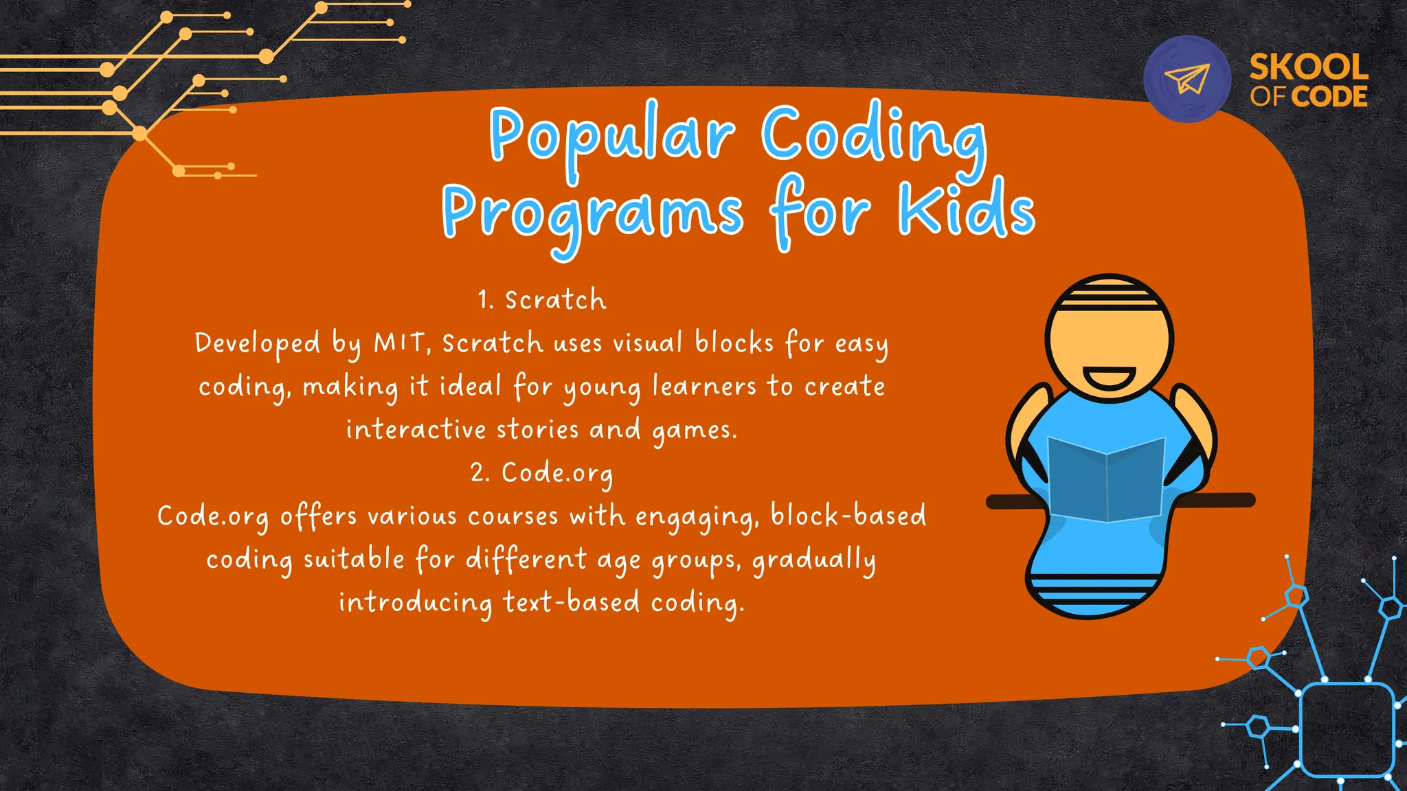 1. Scratch
Developed by MIT, Scratch uses visual blocks for easy
coding, making it ideal for young learners to create
interactive stories and games.
2. Code.org
Code.org offers various courses with engaging, block-based
coding suitable for different age groups, gradually
introducing text-based coding.
Popular Coding
Programs for Kids
Popular Coding
Programs for Kids
 