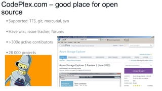 CodePlex.com – good place for open
source
 Supported: TFS, git, mercurial, svn
 Have wiki, issue tracker, forums
 >300к active contibutors
 28 000 projects

 