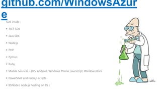 github.com/WindowsAzur
e
SDK inside :
 .NET SDK
 Java SDK

 Node.js
 PHP
 Python

 Ruby
 Mobile Services – IOS, Android, Windows Phone, JavaScript, WindowsStore
 PowerShell and node.js scripts

 IISNode ( node.js hosting on IIS )

 