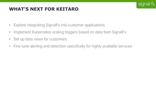 WHAT’S NEXT FOR KEITARO
• Explore integrating SignalFx into customer applications
• Implement Kubernetes scaling triggers based on data from SignalFx
• Set up data views for customers
• Fine tune alerting and detection specifically for highly-available services
 