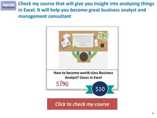 13
Check my course that will give you insight into analyzing things
in Excel. It will help you become great business analyst and
management consultant
Click to check my course
How to become world class Business
Analyst? Cases in Excel
$190
$10
 