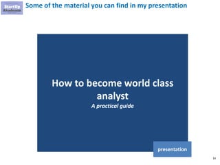 14
Some of the material you can find in my presentation
How to become world class
analyst
A practical guide
presentation
 