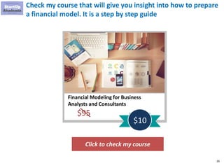 26
Check my course that will give you insight into how to prepare
a financial model. It is a step by step guide
Financial Modeling for Business
Analysts and Consultants
$95
$10
Click to check my course
 