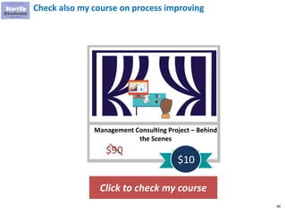 40
Check also my course on process improving
Click to check my course
Management Consulting Project – Behind
the Scenes
$90
$10
 