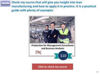44
Check my course that will give you insight into lean
manufacturing and how to apply it in practice. It is a practical
guide with plenty of examples
Click to check my course
Production for Management Consultants
and Business Analysts
$90
$10
 