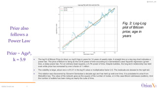 @OrionX_net
©2024 OrionX.net 7
Price also
follows a
Power Law
Price ~ Agek,
k = 5.9 ✦ The log10 of Bitcoin Price (in blue) vs. log10 Age in years for 14 years of weekly data. A straight line on a log-log chart indicates a
power law. The price of Bitcoin is rising as the 5.9 th power of time according to a Generalized Least Squares regression (green
line), a steep power law. For an ordinary least squares, a 5.7th power of time. Despite bubbles, the long-term relationship has held
even while price has increased by over a factor of 1 million.
✦ The volatility is large, about one σ of 0.31 in the log10 value or multiplicative factor 2.0. The residuals are skewed to the right tail.
✦ This relation was discovered by Giovanni Santostasi a decade ago and has held up well over time. It is postulated to arise from
Metcalfe’s law. The value of the network goes as the square of the number of nodes, or in this case Bitcoin addresses (wallets). And
the number of wallets has been rising as nearly the cube of time.
Fig. 2: Log-Log
plot of Bitcoin
price; age in
years
 