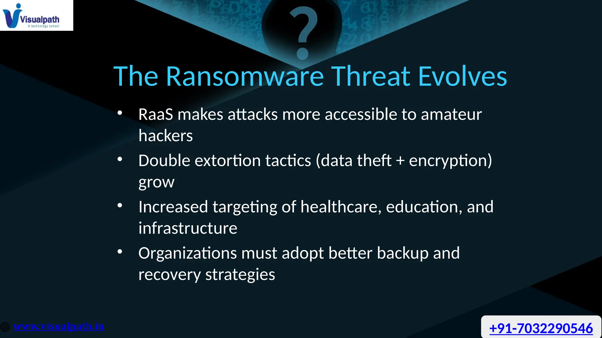 The Ransomware Threat Evolves
• RaaS makes attacks more accessible to amateur
hackers
• Double extortion tactics (data theft + encryption)
grow
• Increased targeting of healthcare, education, and
infrastructure
• Organizations must adopt better backup and
recovery strategies
+91-7032290546
 
