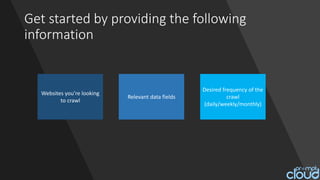 Get started by providing the following
information
Websites you’re looking
to crawl
Relevant data fields
Desired frequency of the
crawl
(daily/weekly/monthly)
 