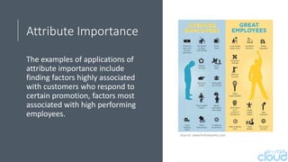 Attribute Importance
The examples of applications of
attribute importance include
finding factors highly associated
with customers who respond to
certain promotion, factors most
associated with high performing
employees.
Source: www.hrthatworks.com
 