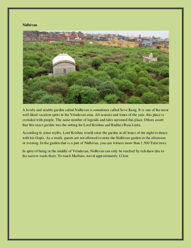 Nidhivan
A lovely and sizable garden called Nidhivan is sometimes called Seva Kung. It is one of the most
well-liked vacation spots in the Vrindavan area. All seasons and times of the year, this place is
crowded with people. The same number of legends and tales surround this place. Others assert
that this exact garden was the setting for Lord Krishna and Radha's Rasa Leela.
According to some myths, Lord Krishna would enter the garden at all hours of the night to dance
with his Gopis. As a result, guests are not allowed to enter the Nidhivan garden in the afternoon
or evening. In the garden that is a part of Nidhivan, you can witness more than 1,500 Tulsi trees.
In spite of being in the middle of Vrindavan, Nidhivan can only be reached by rickshaw due to
the narrow roads there. To reach Mathura, travel approximately 12 km.
 