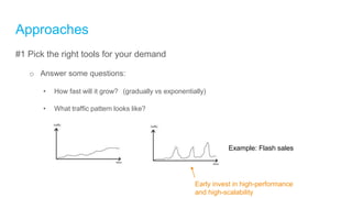 Approaches
#1 Pick the right tools for your demand
o Answer some questions:
• How fast will it grow? (gradually vs exponentially)
• What traffic pattern looks like?
Early invest in high-performance
and high-scalability
Example: Flash sales
 