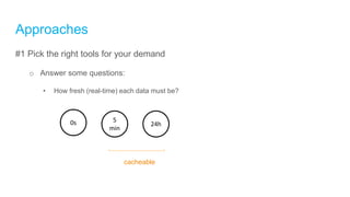 Approaches
#1 Pick the right tools for your demand
o Answer some questions:
• How fresh (real-time) each data must be?
0s 5
min
24h
cacheable
 
