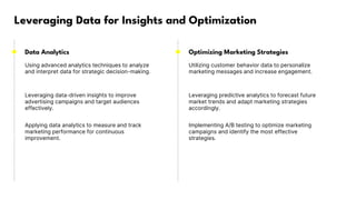 Leveraging Data for Insights and Optimization
Data Analytics
Using advanced analytics techniques to analyze
and interpret data for strategic decision-making.
Leveraging data-driven insights to improve
advertising campaigns and target audiences
effectively.
Applying data analytics to measure and track
marketing performance for continuous
improvement.
Optimizing Marketing Strategies
Utilizing customer behavior data to personalize
marketing messages and increase engagement.
Leveraging predictive analytics to forecast future
market trends and adapt marketing strategies
accordingly.
Implementing A/B testing to optimize marketing
campaigns and identify the most effective
strategies.
 