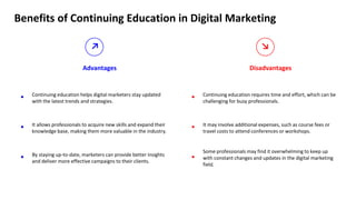 Benefits of Continuing Education in Digital Marketing
↗ ↘
Advantages Disadvantages
Continuing education helps digital marketers stay updated
with the latest trends and strategies.
It allows professionals to acquire new skills and expand their
knowledge base, making them more valuable in the industry.
By staying up-to-date, marketers can provide better insights
and deliver more effective campaigns to their clients.
Continuing education requires time and effort, which can be
challenging for busy professionals.
It may involve additional expenses, such as course fees or
travel costs to attend conferences or workshops.
Some professionals may find it overwhelming to keep up
with constant changes and updates in the digital marketing
field.
 